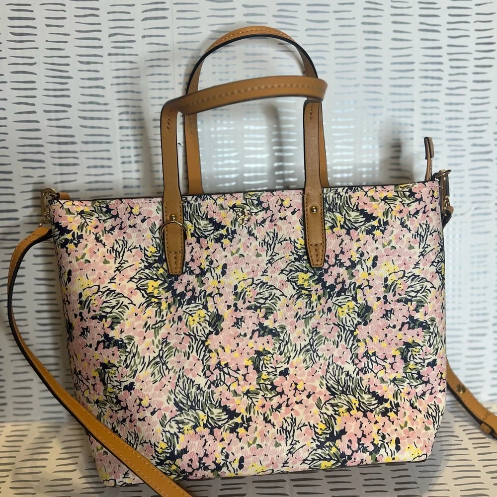 Tory Burch Pink Floral Tote with Tan Leather Trim